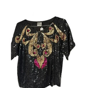 Elegance By Anujan Women's Black 100% Silk Short Sleeve Sequin Blouse Size M